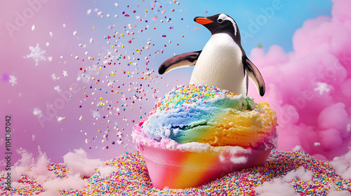 A penguin sliding down a rainbow into a giant ice cream sundae, with sprinkles falling like snowflakes  photo