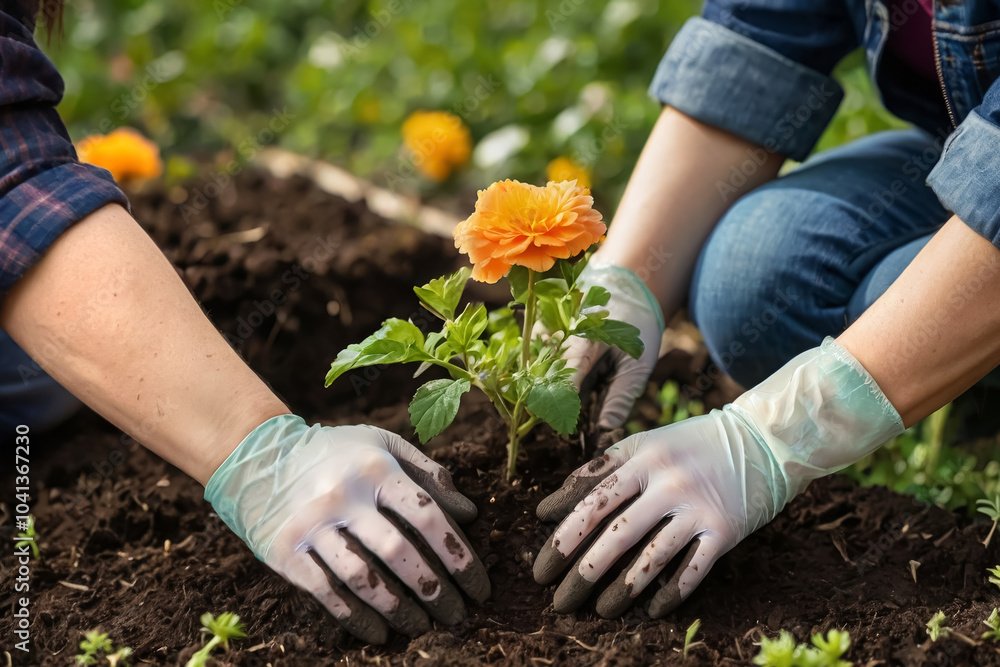 Fototapeta premium hands transplanting flowers.