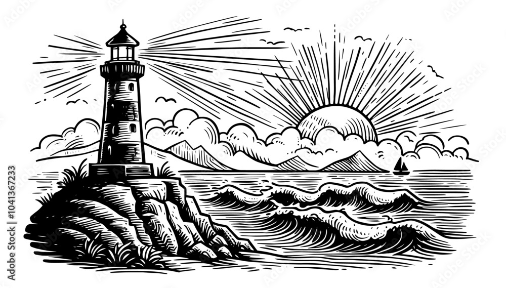 Fototapeta premium minimalist line art illustration of a lighthouse by the shore, blending simplicity with coastal elegance black vector