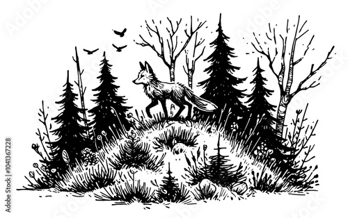 enchanting hand-drawn illustration of a fox in a lush forest setting black vector