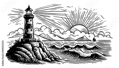 minimalist line art illustration of a lighthouse by the shore, blending simplicity with coastal elegance black vector
