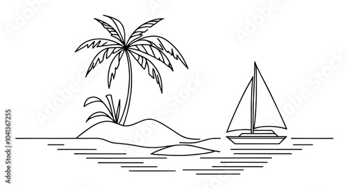 sailboat near palm island, minimalistic monoline illustration, black vector