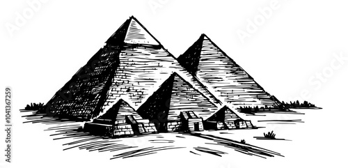 elegant line art depiction of egyptian pyramids, showcasing historical majesty in a hand-drawn style black vector