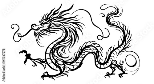 dynamic line art representation of a Chinese dragon, highlighting its strength and mythical significance black vector