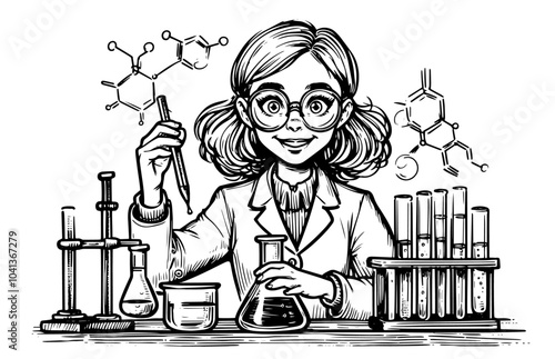 creative sketch of a scientist working with test tubes and lab equipment black vector
