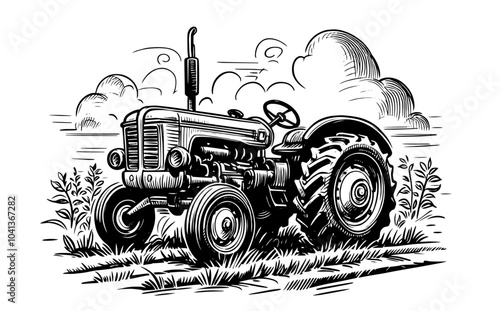 rustic hand-drawn tractor illustration, perfect for farming themes and agricultural projects with a vintage feel black vector
