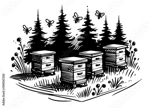 delightful line art featuring bees and hives amidst a beautiful countryside landscape black vector