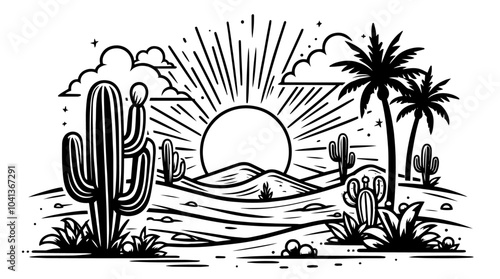 line art desert landscape with mountains, cactus, and sky, black vector