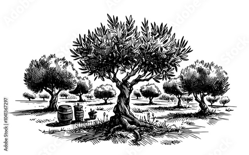 ancient olive tree grove landscape hand-drawn black vector illustration