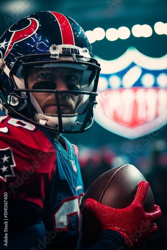 A close-up shot of an American football player in full gear holding the ball tightly, ready to run, with the Super Bowl logo displayed on the field in the background under the stadium lights photo