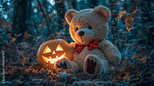 A plush teddy bear sitting in a dark, moody forest, holding a glowing pumpkin. The dim lighting and Halloween theme