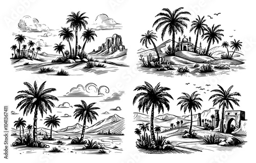 peaceful desert oasis with palm trees and rocky landscape in black line art