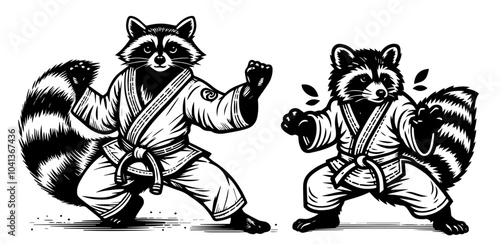 fun cartoon drawing of a raccoon dressed in kung fu attire, ready for action and adventure black vector