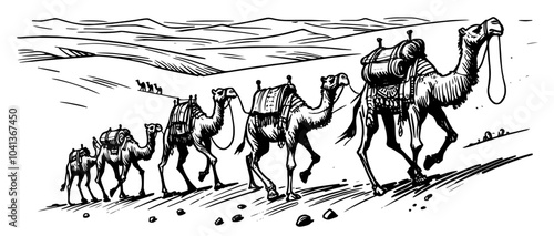 dynamic line art representation of camels traversing a sunlit desert environment black vector