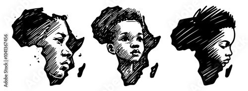 unique african map designs with human faces in black line art style