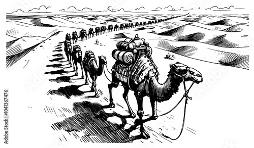 intricate line drawing of camels navigating the vast expanse of the desert black vector