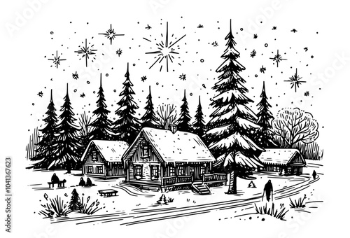 delightful hand-drawn winter scene featuring a house adorned with Christmas cheer black vector