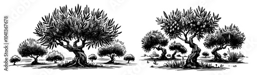 rustic olive tree landscape in black line art sketch