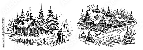 festive line art of a winter house set in a picturesque holiday scenery black vector
