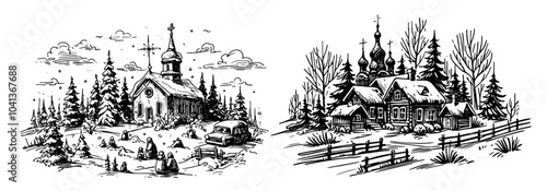 whimsical illustration of a snow-covered church in a magical winter landscape black vector