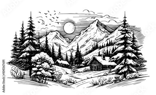 whimsical illustration of a snow-covered home in a magical winter landscape black vector