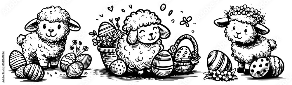 easter theme with eggs, lamb, and basket line art for coloring black vector easter theme with eggs, lamb, and basket line art for coloring black vector