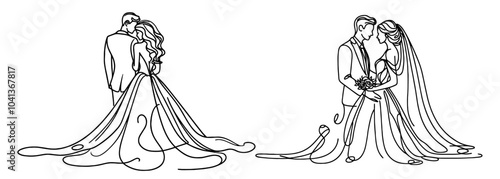 silhouette of a romantic wedding couple in love monoline black vector