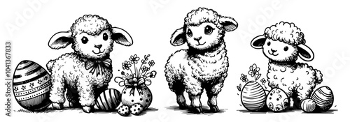 easter lamb, eggs, and basket hand-drawn line art for coloring black vector