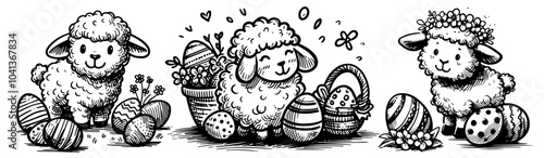 easter theme with eggs, lamb, and basket line art for coloring black vector