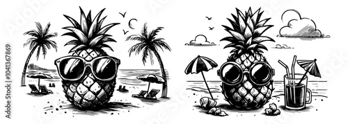 beach scene with pineapple and palm tree in line art sketch black vector