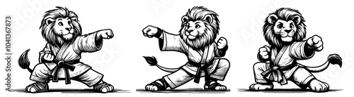 charming cartoon-style lion dressed in kung fu robes, showcasing powerful movements and fierce character black vector