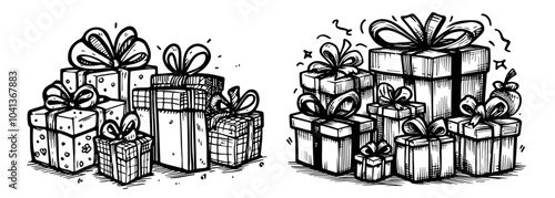 set of hand-drawn gift boxes with ribbons sketch black vector
