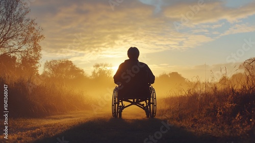 Silhouette of a Person in a Wheelchair at Sunrise