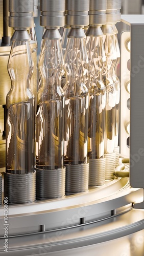 Drug manufacturing process. Line with medical ampoules line at a modern pharmaceutical plant. Pharmacology production, medicine industry from laboratory factory, pharmacy. Healthcare pharma 3D render