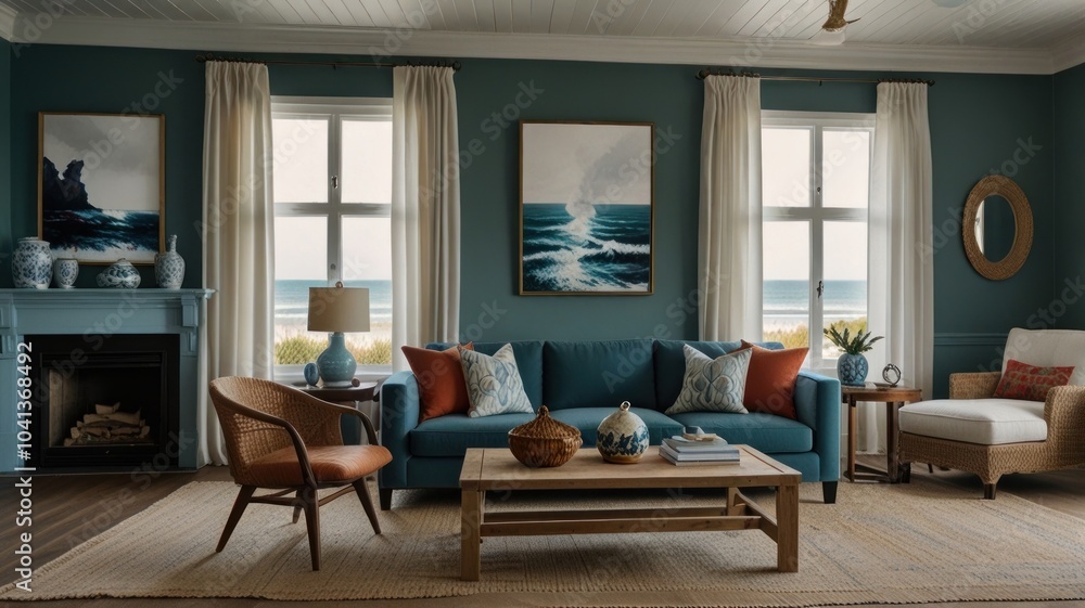 A living room with a blue sofa, a fireplace, and a view of the ocean. A living room with a blue sofa, a fireplace, and a view of the ocean.