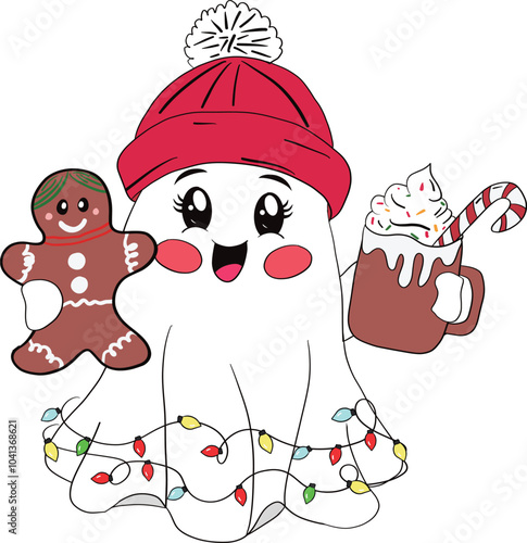 Christmas ghost coffee and gingerbread. Art & Illustration