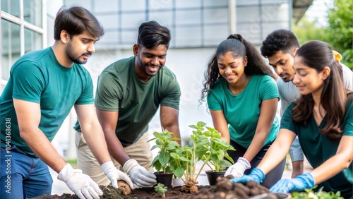 Indian volunteers working together on a community garden project to promote sustainability.
 photo