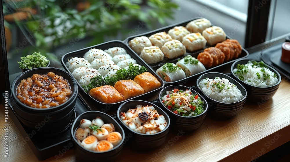 A variety of delicious Asian cuisine food bowls are shown. The food is presented in a visually appealing manner. A variety of delicious Asian cuisine food bowls are shown. The food is presented in a visually appealing manner.