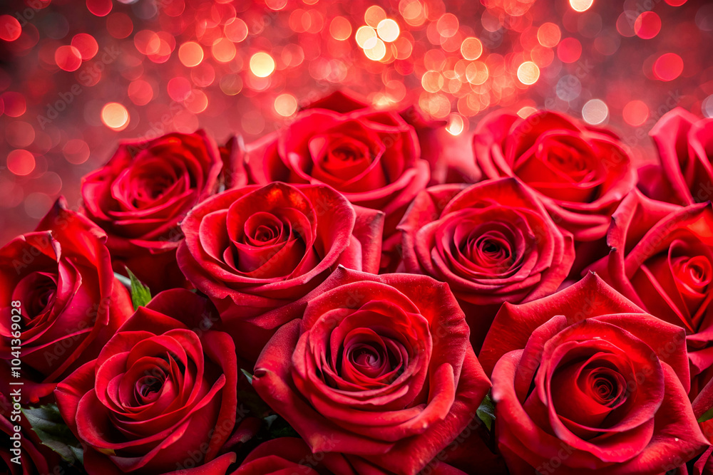 A close-up of vibrant red roses against a blurred, sparkling red background, perfect for romantic themes and celebrations. A close-up of vibrant red roses against a blurred, sparkling red background, perfect for romantic themes and celebrations.