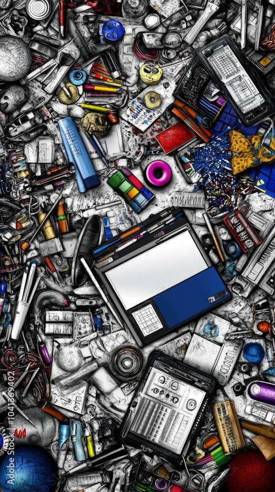 A chaotic and colorful collection of various items arranged on a white background.