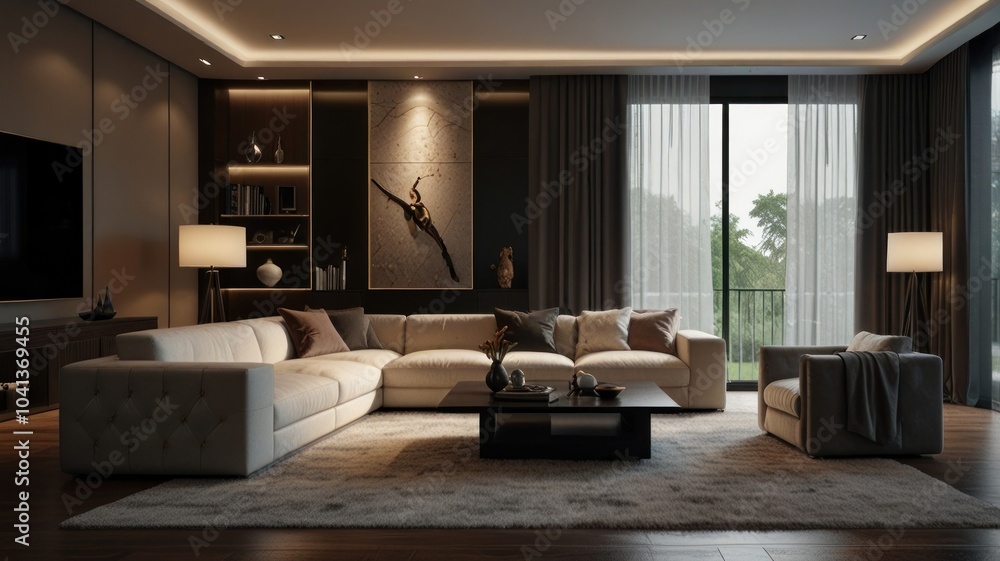 Naklejka premium Modern living room with large sectional sofa, coffee table, and floor lamps.