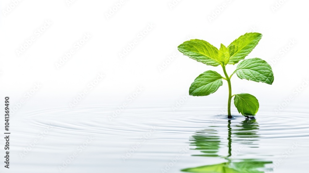 Fresh Mint Plant Growing in Calm Water Surface Fresh Mint Plant Growing in Calm Water Surface