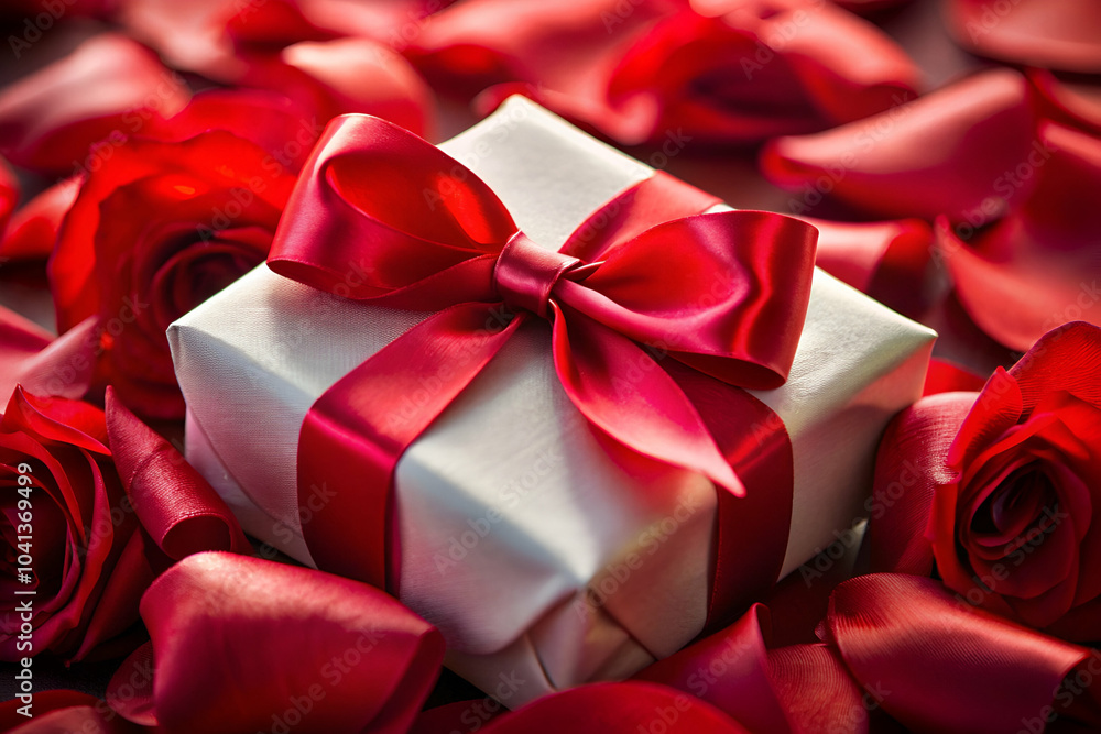 A beautifully wrapped gift rests among vibrant red rose petals, creating a romantic and festive atmosphere. A beautifully wrapped gift rests among vibrant red rose petals, creating a romantic and festive atmosphere.
