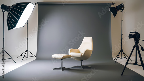 Stylish modern chair and ottoman set against a neutral backdrop in a professional photography studio, featuring lighting equipment and a camera setup for creative projects.