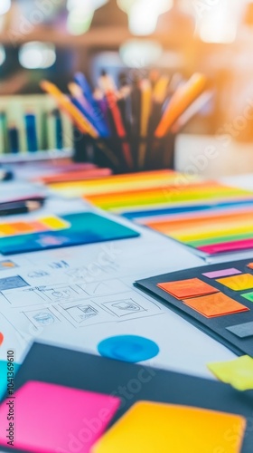 A close-up view of a desk with colorful sticky notes, pens, and a design project.