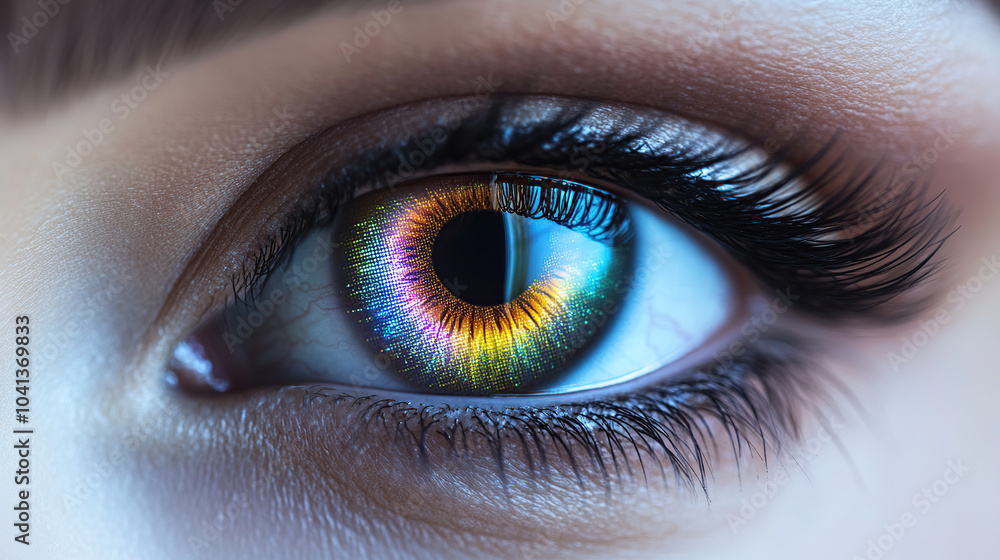 Close-up of a beautiful female eye with a rainbow-colored iris Close-up of a beautiful female eye with a rainbow-colored iris
