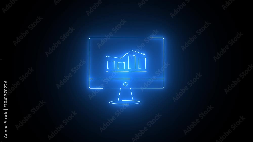Neon line monitor icon with Stock Market animation. Containing financial profit graph, database, statistics, chart, presentation, performance. Neon line monitor icon with Stock Market animation. Containing financial profit graph, database, statistics, chart, presentation, performance.