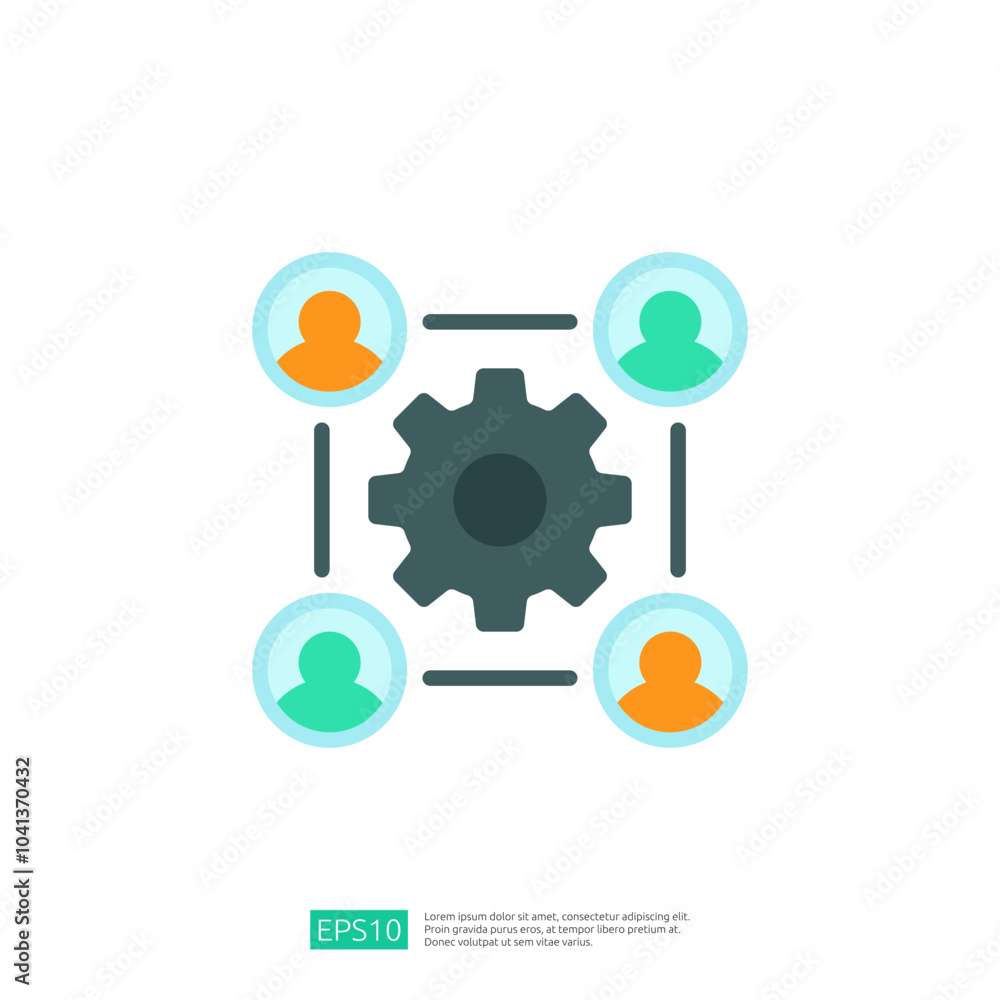 The image depicts a central gear surrounded by four user icons, symbolizing collaboration and teamwork in a business or technological context. The image depicts a central gear surrounded by four user icons, symbolizing collaboration and teamwork in a business or technological context.