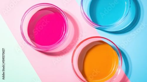 Petri dishes with cosmetic gels on a colorful surface offering space for text or designs