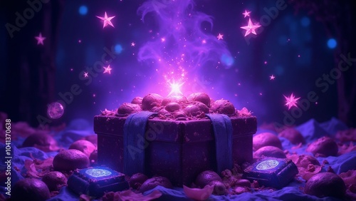 Magical gift chocolate box with glowing particles and starry background